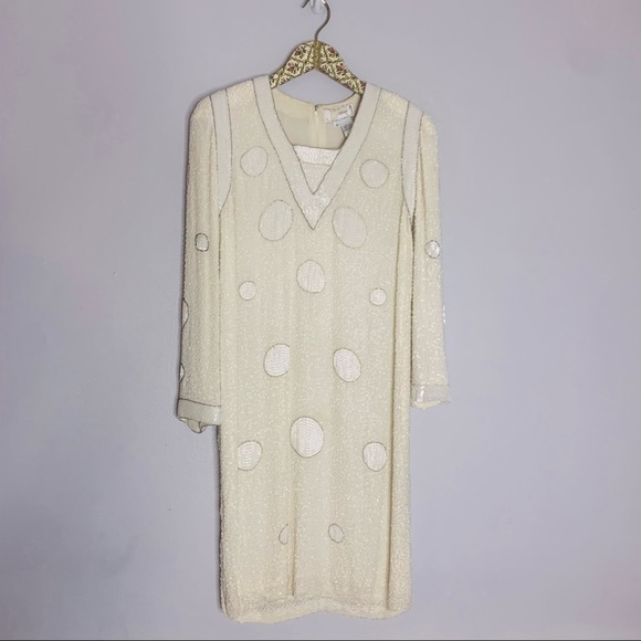 Vintage Bob Mackie Silk Beaded Geometric Long Sleeve Winter White Mini Dress 12 - Picture 14 of 14